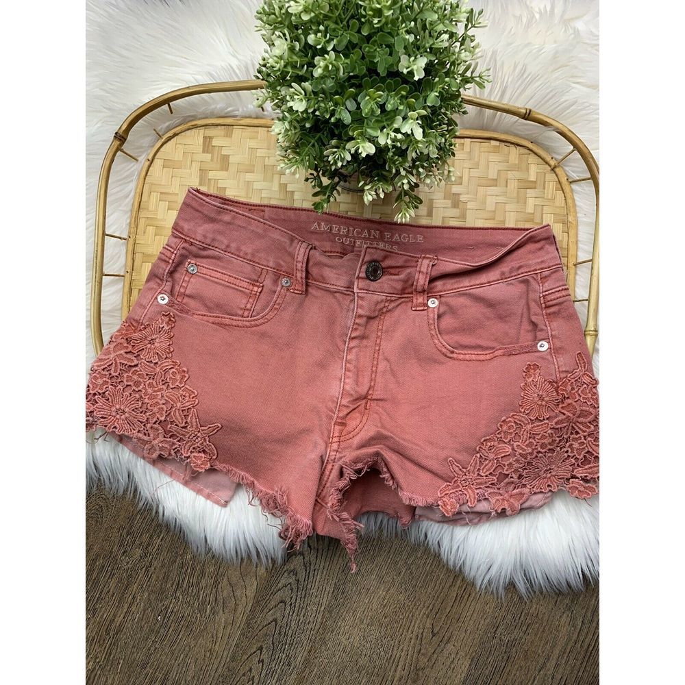 American Eagle Flower Embroidered Frayed Short